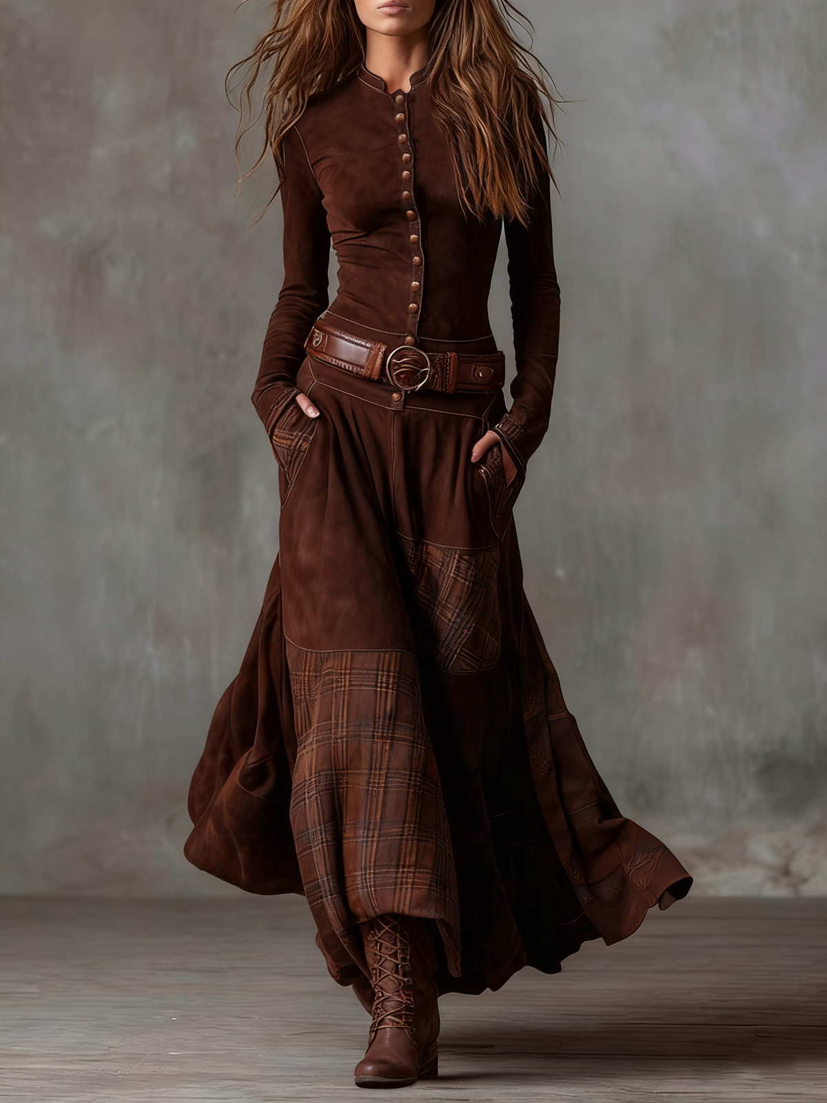 Robe longue patchwork à carreaux avec boutons devant