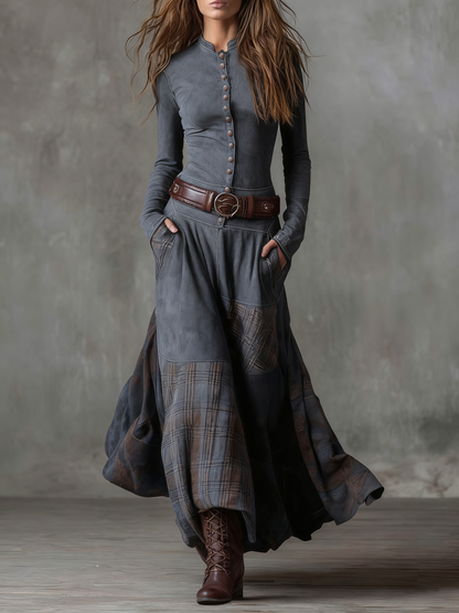Robe longue patchwork à carreaux avec boutons devant