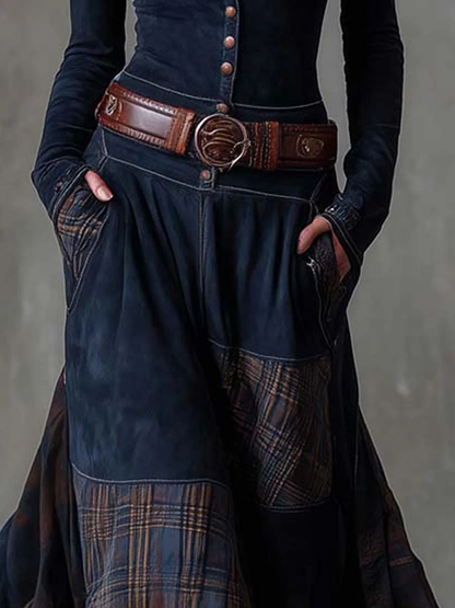 Robe longue patchwork à carreaux avec boutons devant