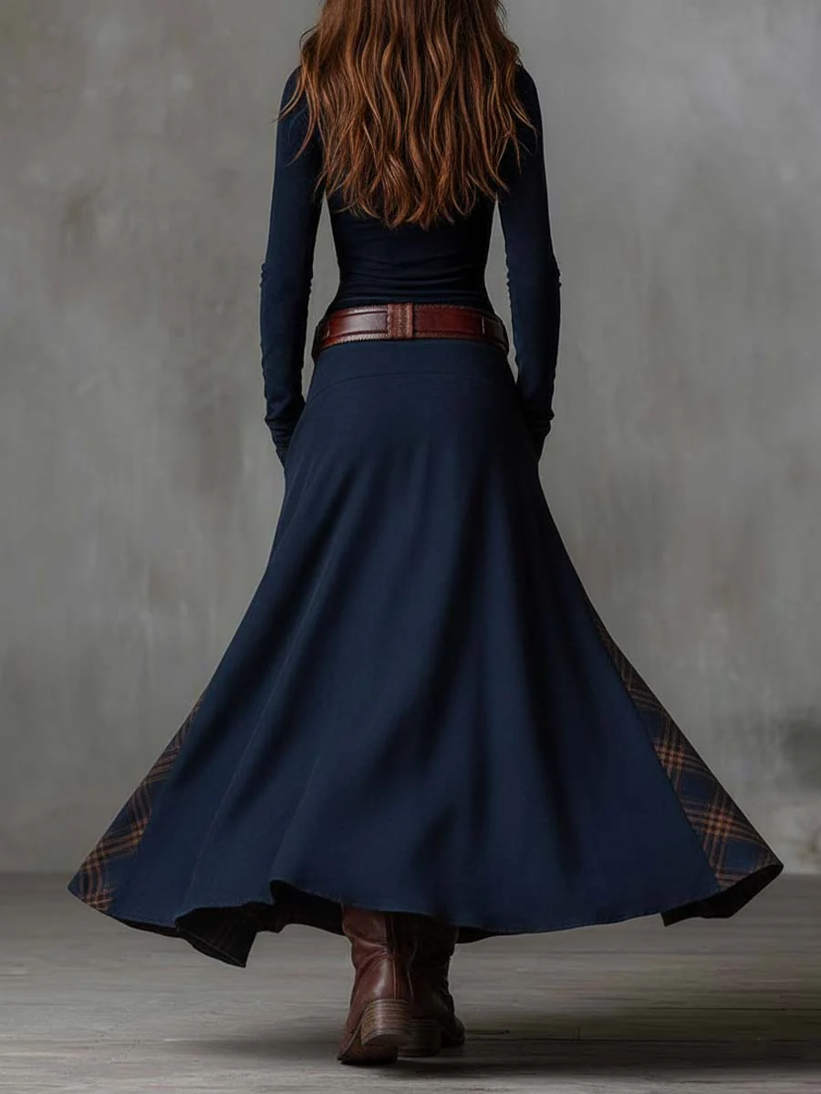 Robe longue patchwork à carreaux avec boutons devant