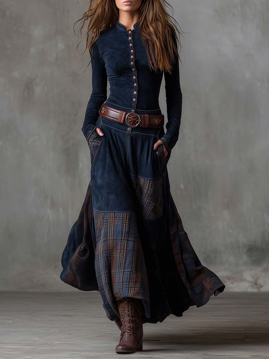 Robe longue patchwork à carreaux avec boutons devant