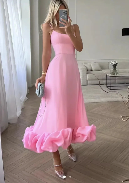 Joëlle | Robe midi bretelles et volants