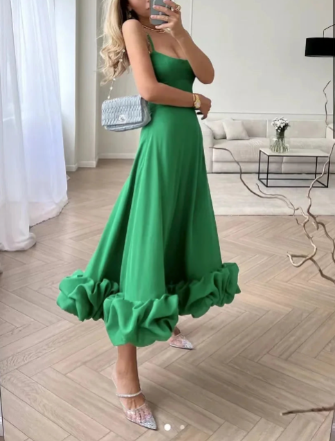 Joëlle | Robe midi bretelles et volants