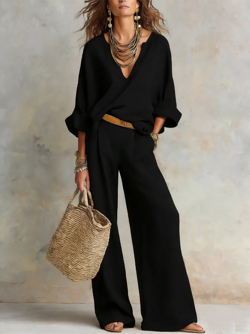 Ensemble deux pièces femme haut col V pantalon large