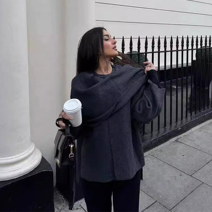Manteau court femme en maille à écharpe asymétrique