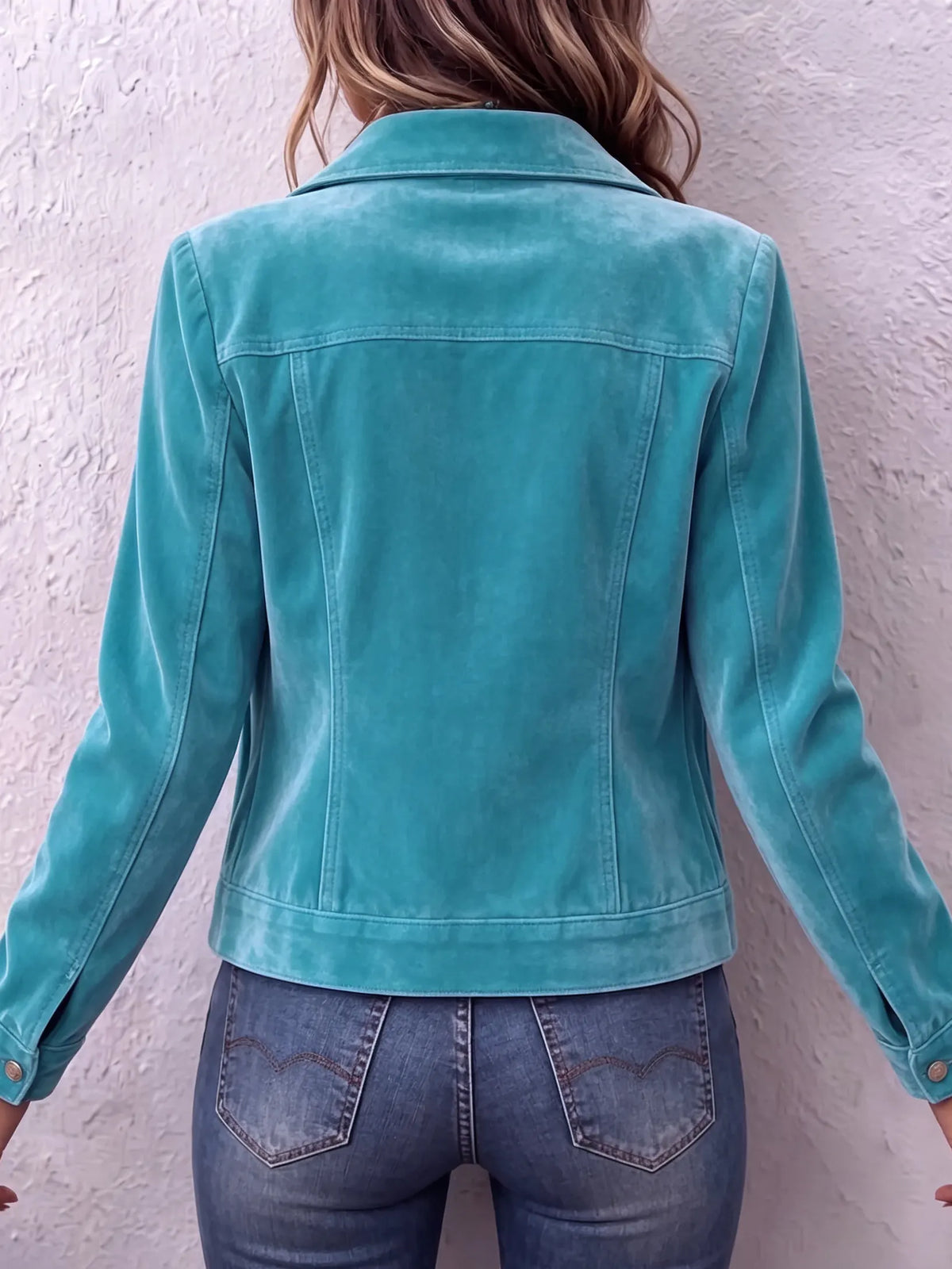Femme portant une veste boutonnée délavée au style vintage