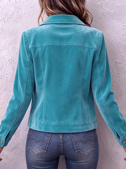 Femme portant une veste boutonnée délavée au style vintage