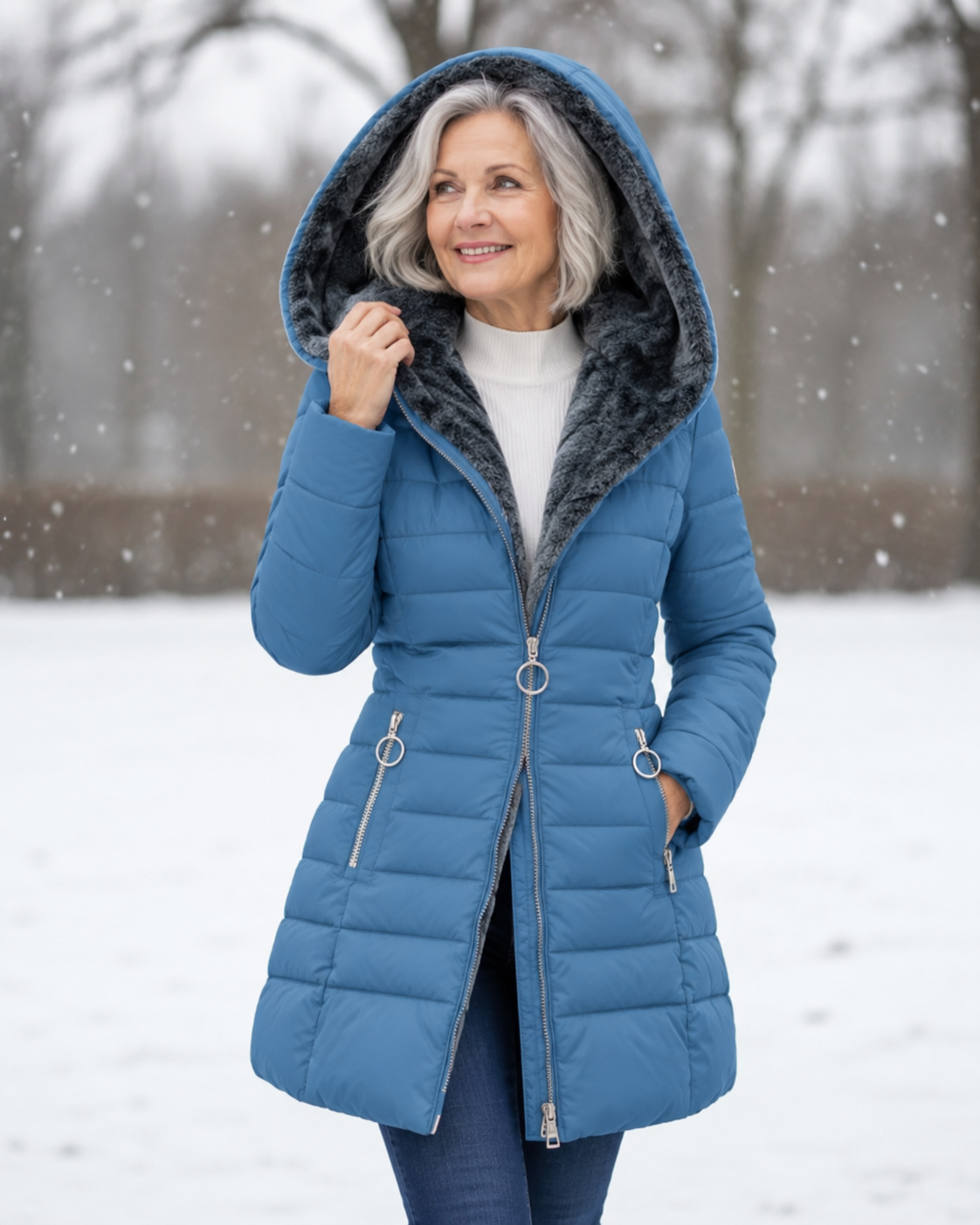 Femme portant un manteau d'hiver matelassé à capuche