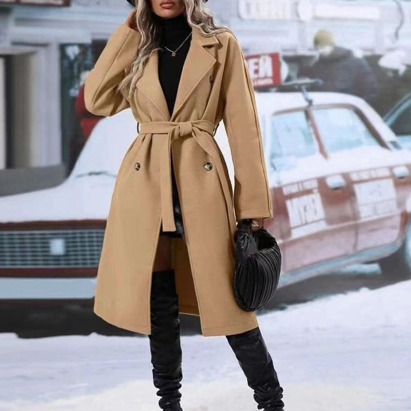 Trench long femme à ceinture et double boutonnage