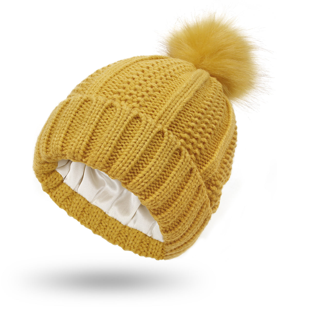 Bonnet femme doublé satin avec pompon fausse fourrure
