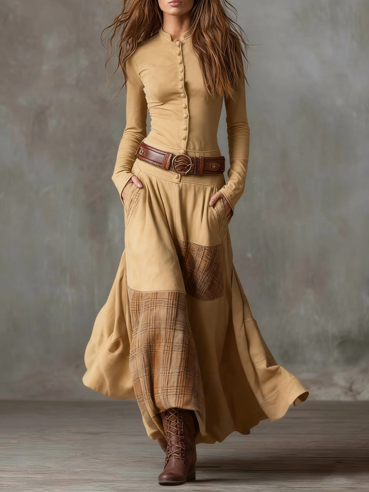 Robe longue patchwork à carreaux avec boutons devant