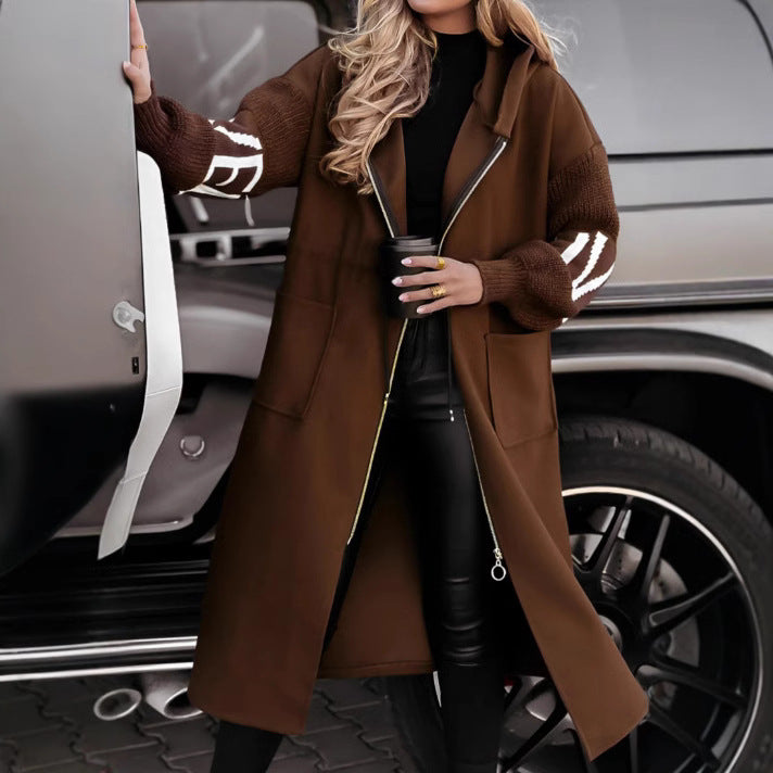 Manteau long femme à capuche et cordon de serrage