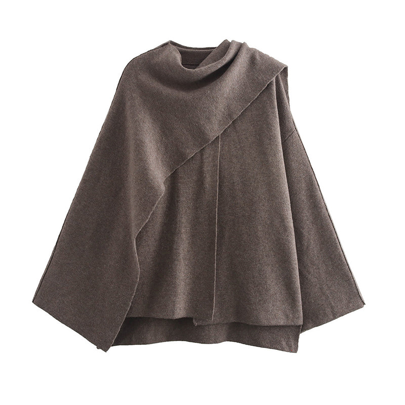 Manteau court femme en maille à écharpe asymétrique
