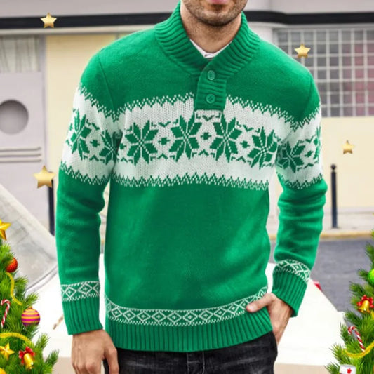 Pull homme jacquard vert à manches longues