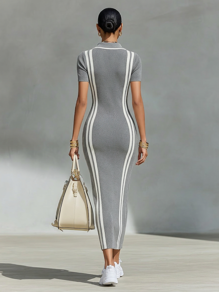 Robe longue femme col polo zippé à rayures latérales