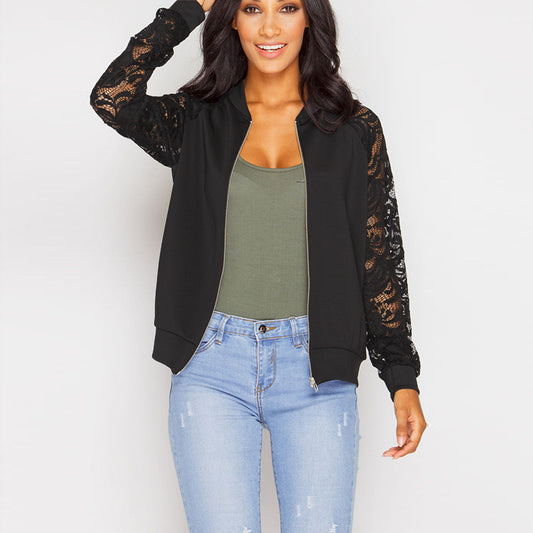 Veste bomber femme en dentelle noire et blanche