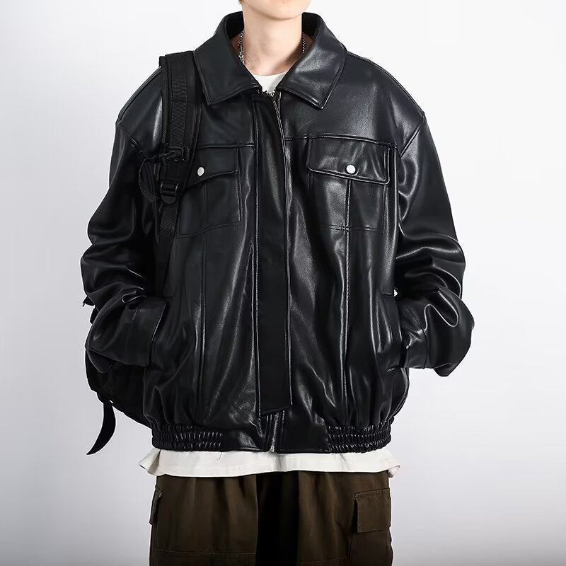 Blouson en cuir noir rétro pour homme