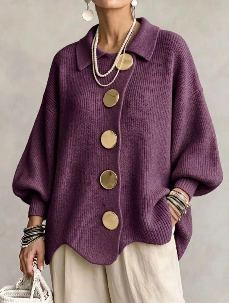 Cardigan oversize femme à col pointu et boutons dorés