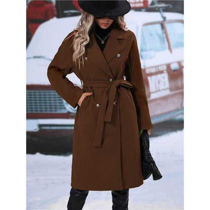 Trench long femme à ceinture et double boutonnage