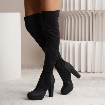 Bottes cuissardes femme en daim noir talon carré