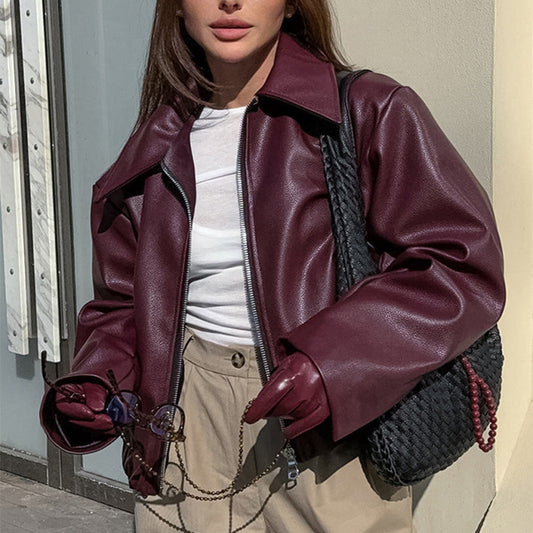 Veste en similicuir femme à col revers zippée