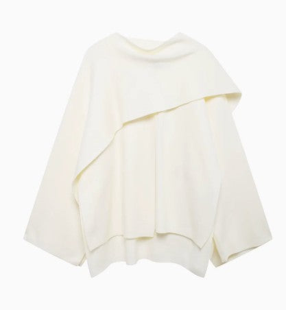Manteau court femme en maille à écharpe asymétrique