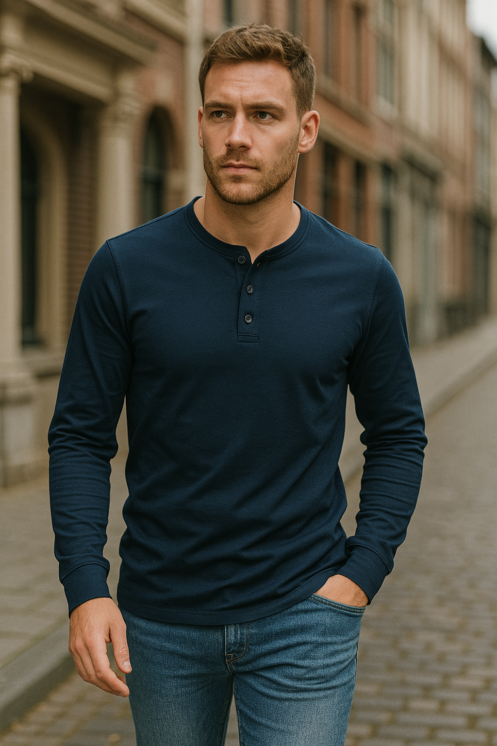 T-shirt homme à col tunisien manches longues