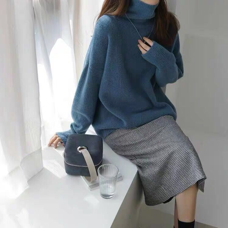 Pull col roulé femme oversize - bleu