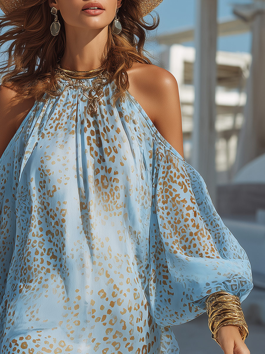 Robe mini bohème bleue à épaules dénudées et motif léopard