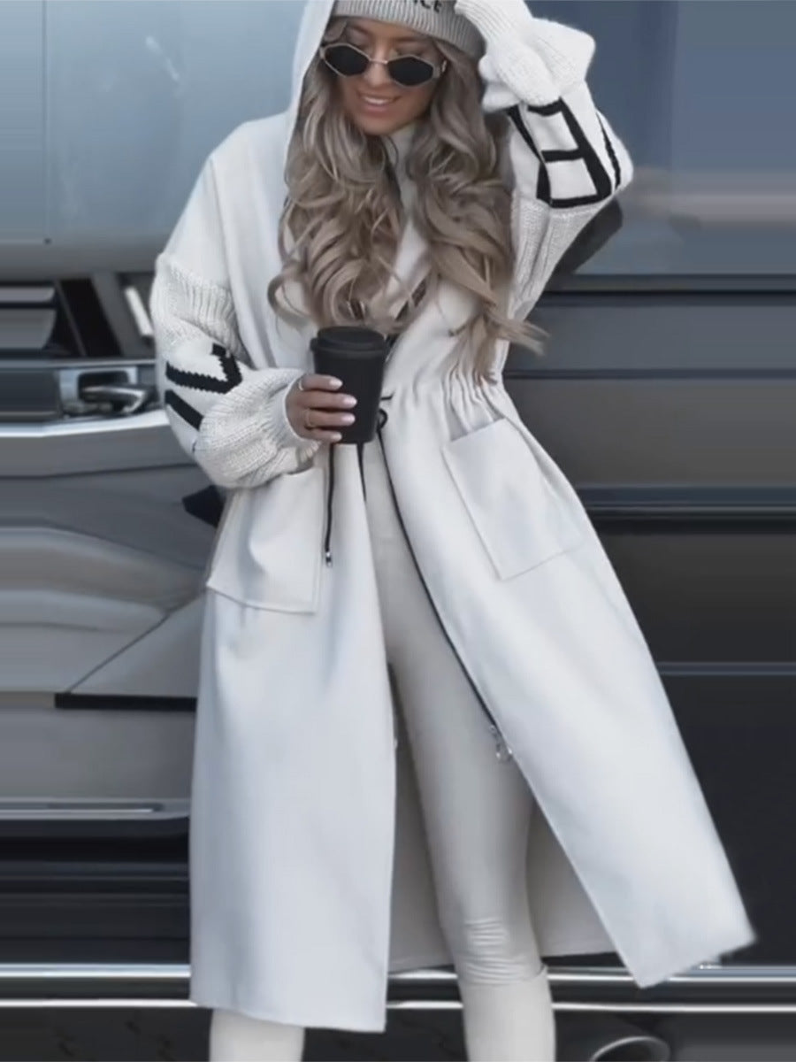 Manteau long femme à capuche et cordon de serrage