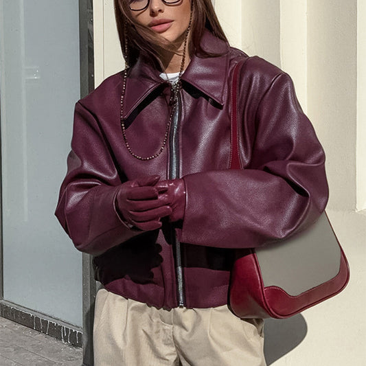 Veste en similicuir femme à col revers zippée