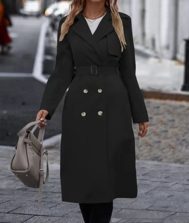 Trench long femme à ceinture et double boutonnage