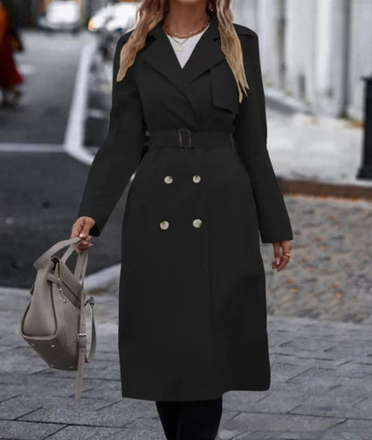 Trench long femme à ceinture et double boutonnage