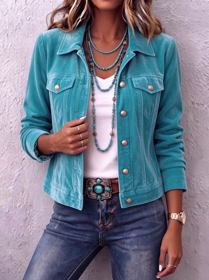 Femme portant une veste boutonnée délavée au style vintage