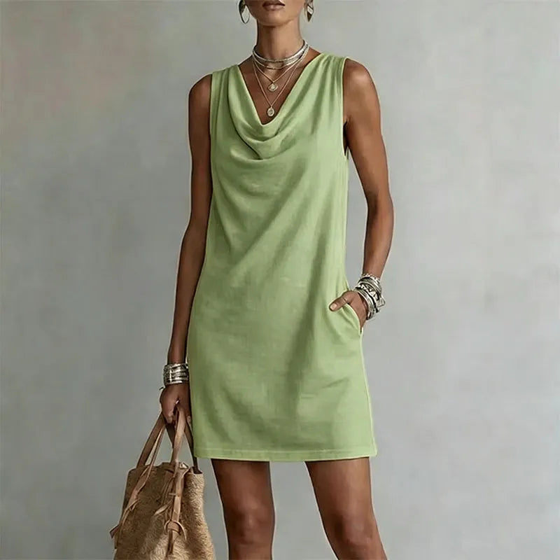 Mini robe femme sans manches avec col drapé