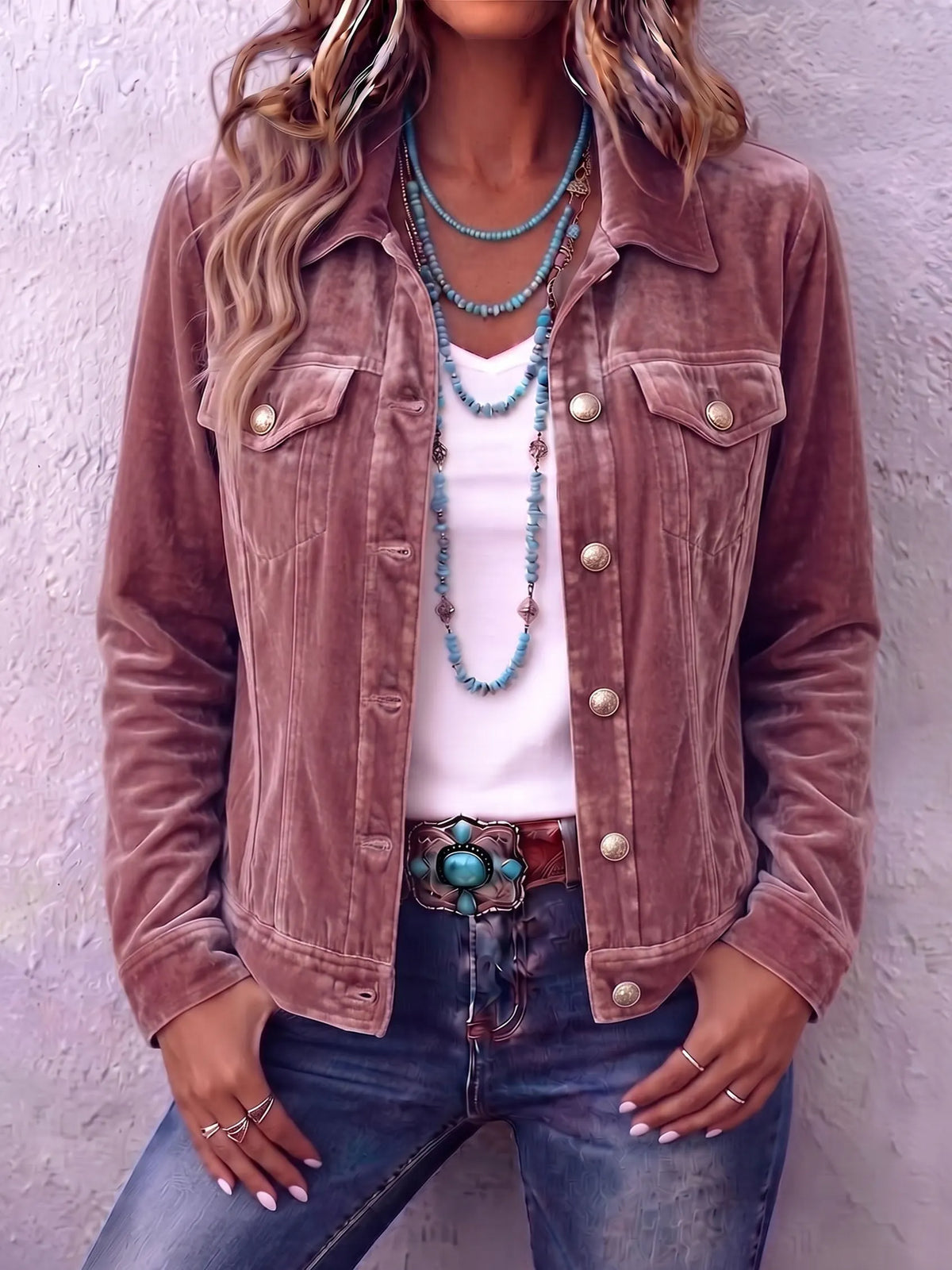 Femme portant une veste boutonnée délavée au style vintage