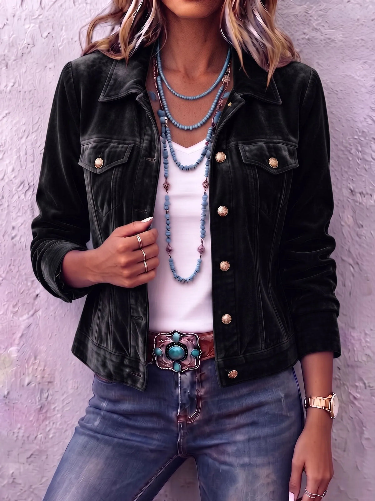 Femme portant une veste boutonnée délavée au style vintage