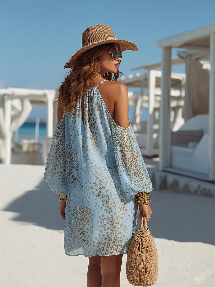 Robe mini bohème bleue à épaules dénudées et motif léopard