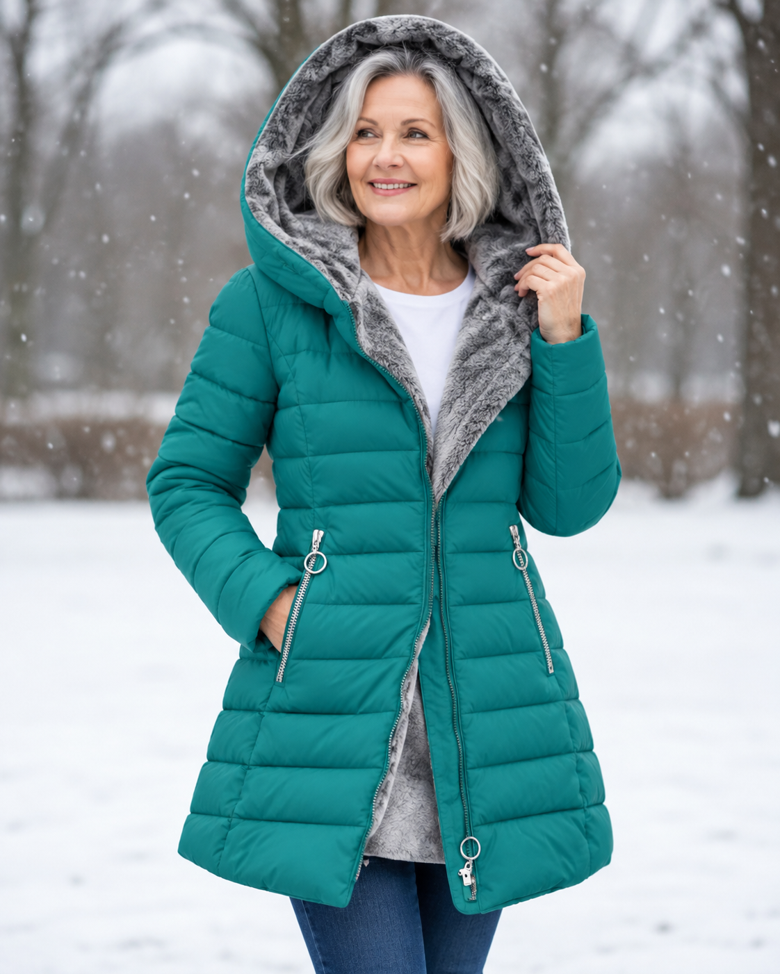 Femme portant un manteau d'hiver matelassé à capuche