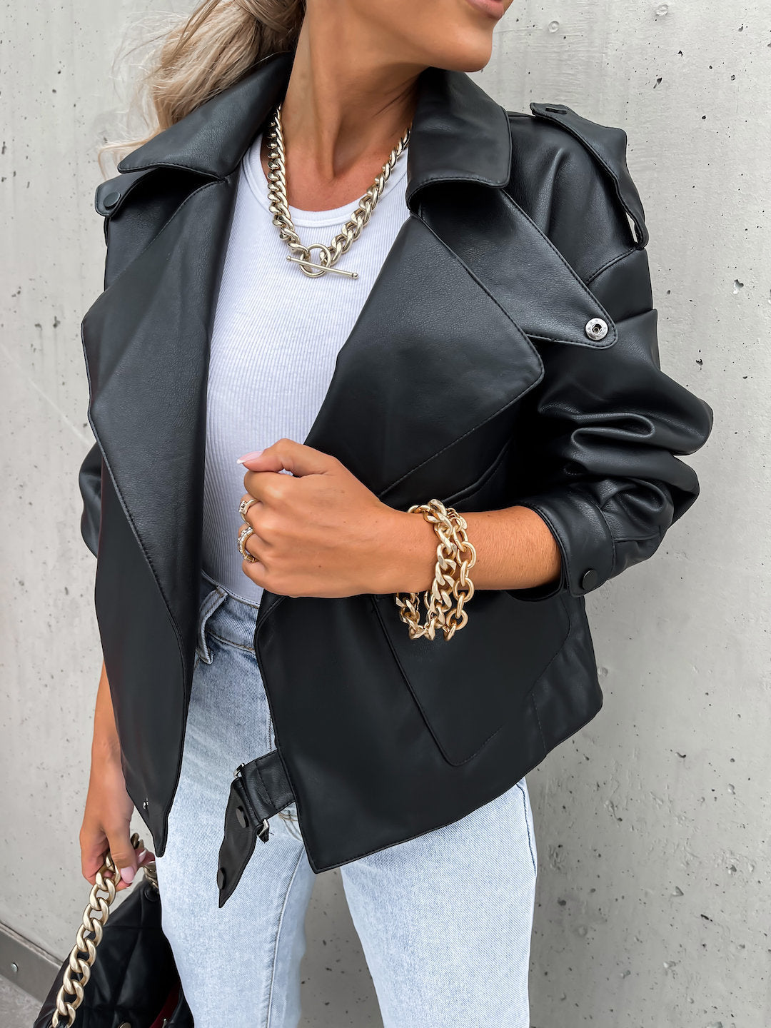 Veste en simili cuir femme coupe ample col revers