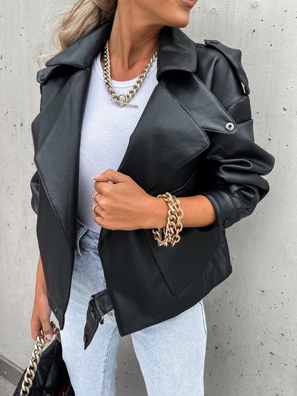 Veste en simili cuir femme coupe ample col revers