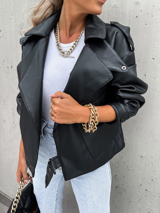 Veste en simili cuir femme coupe ample col revers