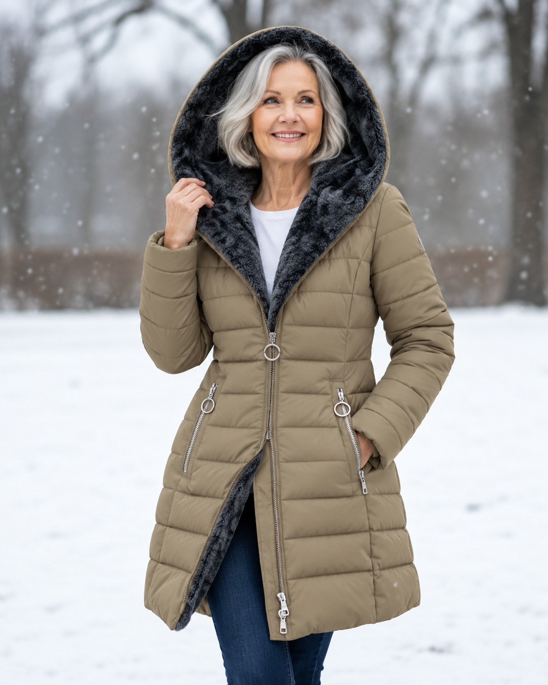 Femme portant un manteau d'hiver matelassé à capuche
