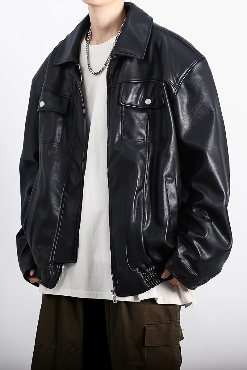 Blouson en cuir noir rétro pour homme