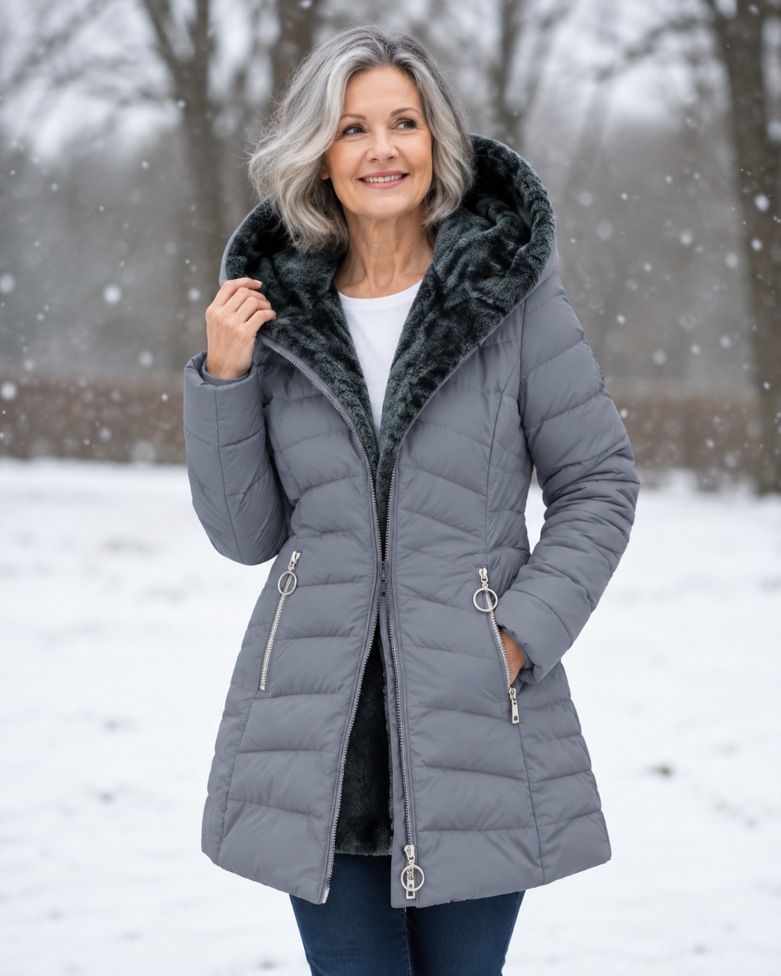 Femme portant un manteau d'hiver matelassé à capuche