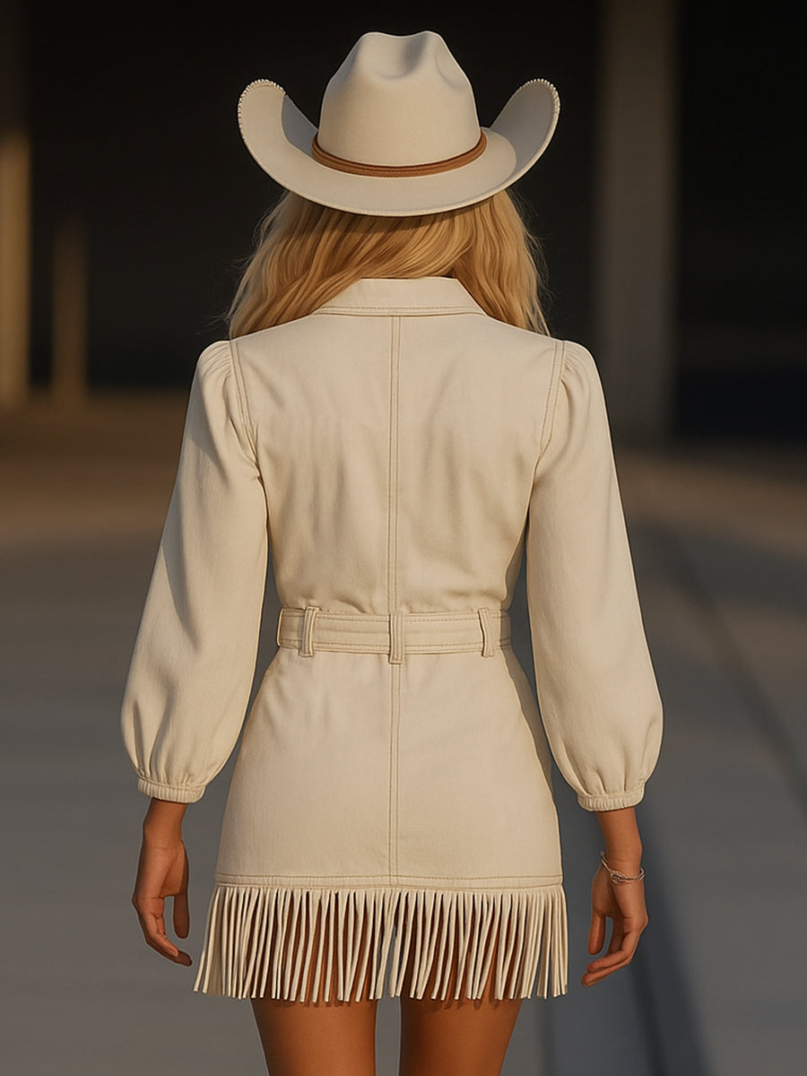Robe courte blanche à franges pour femme