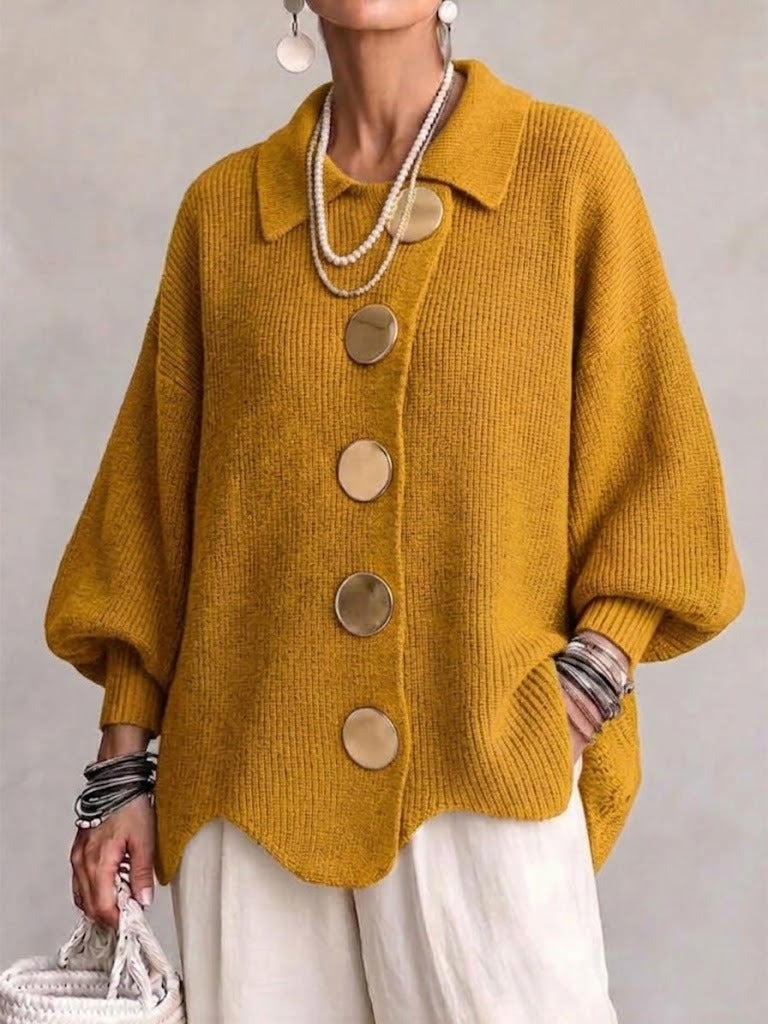 Cardigan oversize femme à col pointu et boutons dorés