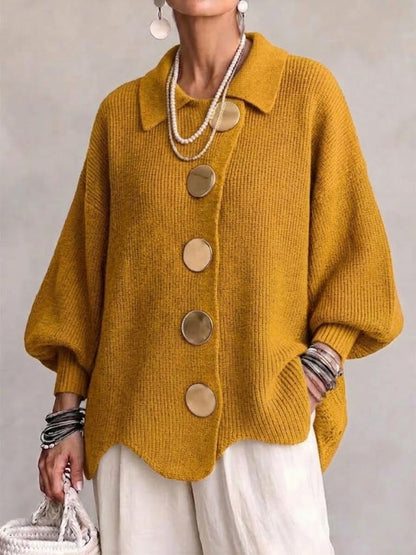 Cardigan oversize femme à col pointu et boutons dorés