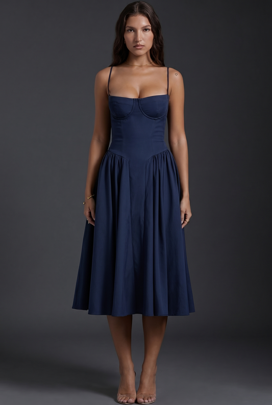 Robe midi femme au corsage structuré et jupe évasée