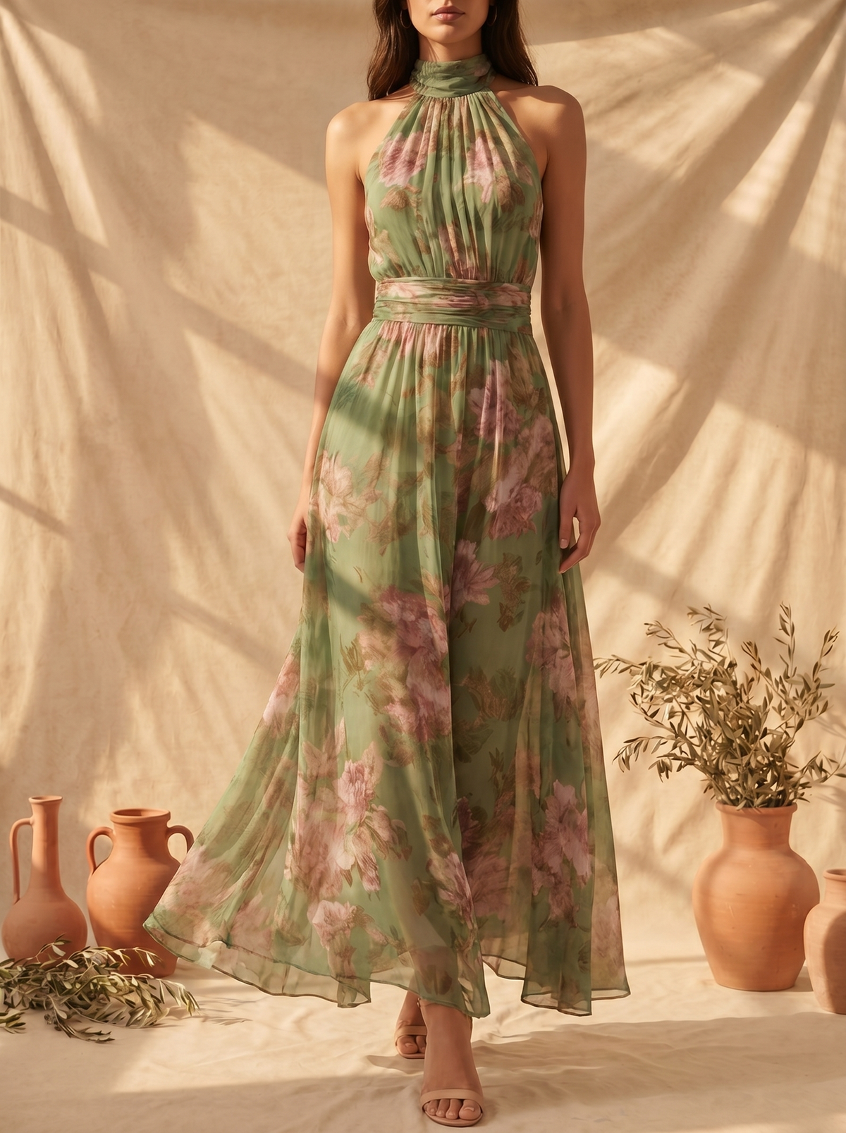 Femme en robe longue fleurie col halter taille cintrée